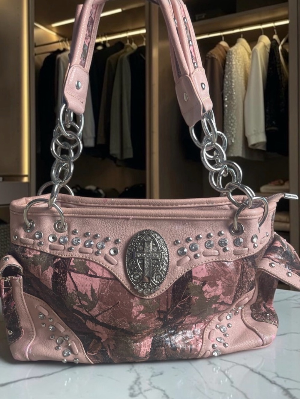 Rustic Couture Pink Camo Western Handbag Bling Cross Rhinestone Studded Handbag